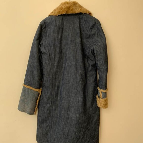 Vintage Y2K 200's style Denim Afghan Coat with Faux Fur Details - Picture 3 of 4